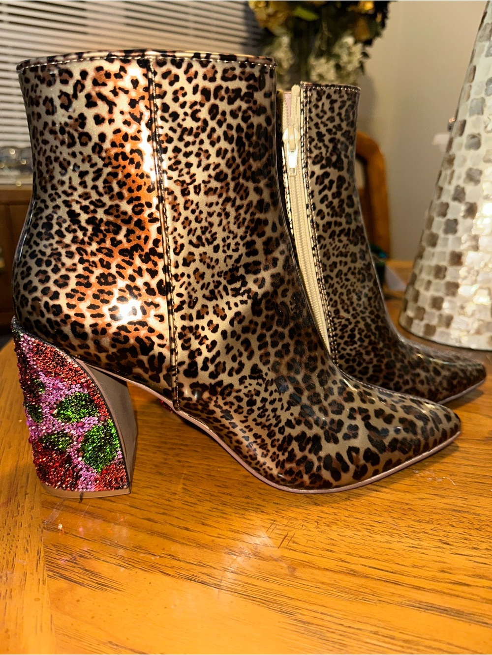 Betsey Johnson Leopard Patent Ankle Boots with Multicolor Beaded Block Heel